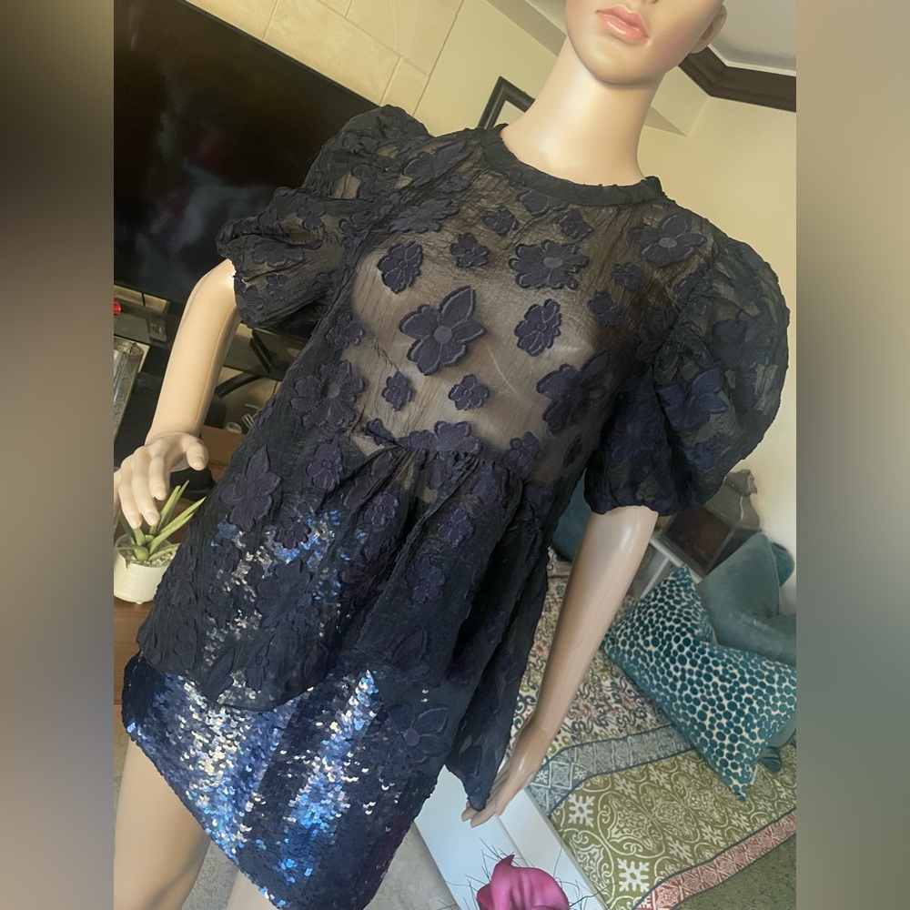 Zara Puff Sleeve Sheer Floral Top Black Size XS fits Medium